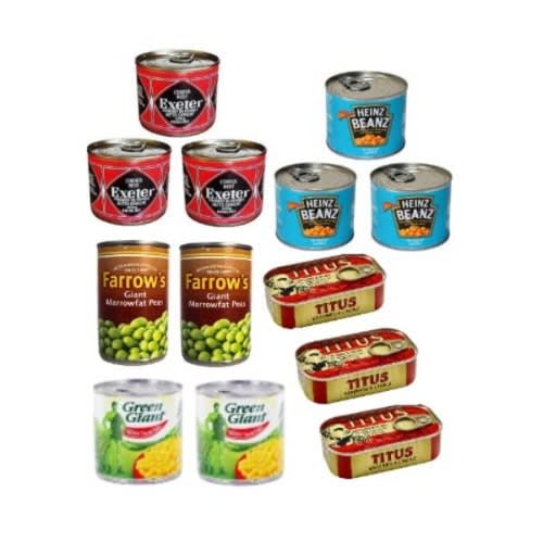 Exeter Corn Beef X3, Heinz Beans X3, Farrow Peas X2titus Sardine X3, And Green Sweet Corn