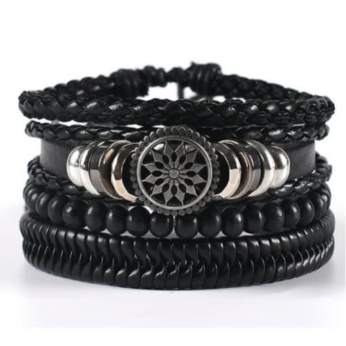 Men's Retro Woven Leather Bracelet - Black -4pcs