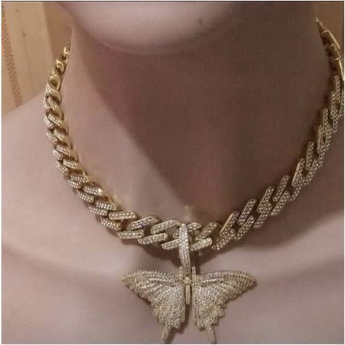 Fashion Front Iced Out Gold Cuban Link Choker With Butterfly Pendant