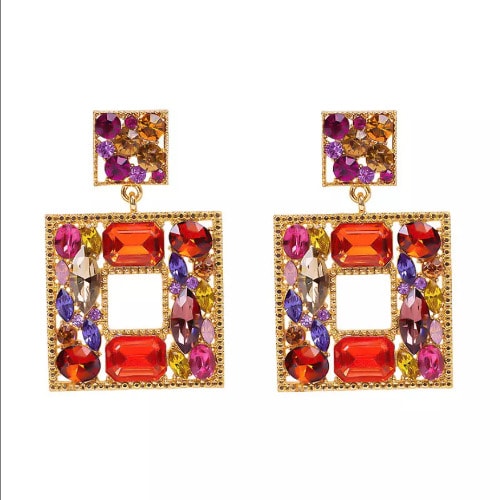 Multicolour Chunky Square Earring - Red