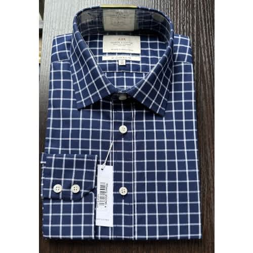 Men's Navy & White Grid Check Slim Fit Shirt - Single Cuff