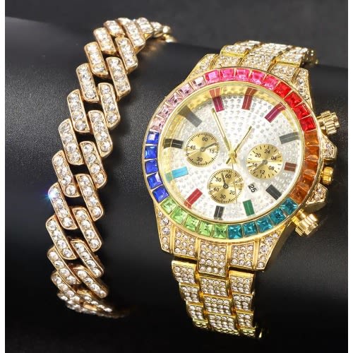 Iced Out Watch And Bracelet - Rainbow And Gold