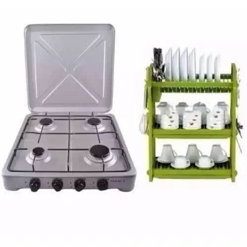 4 Burner Gas Cooker With Cover Lid + 3 Tier Plastic Plate Rack With Drainer