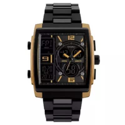 Rectangle Wrist Watch With Year Dual Display - Black With Gold Detail