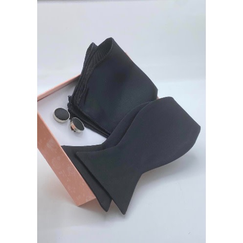 3-in-1 Self Knot Bow Tie - Cufflinks -  Pocket Square - Black