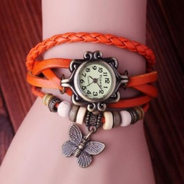 Genuine Cow Leather Bracelet Wristwatch - Orange