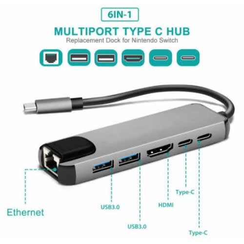 Type C To Hdmi 6 In One Adapter - HDMI /Lan / Usb*2 / Usb C *2