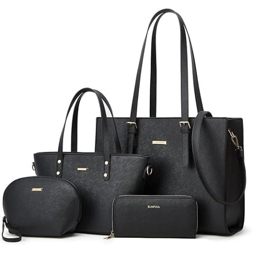 Women Fashion Synthetic Leather Handbags - Set 4pcs - Black