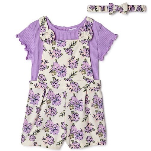 Baby Girls Pinafore Overall, Top & Headband 3 Pieces Outfit Set - Lilac