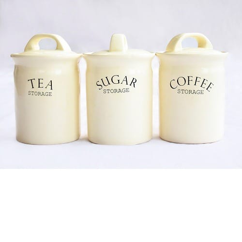 Set Of 3 Tea Coffee Sugar Ceramic Canisters-beige