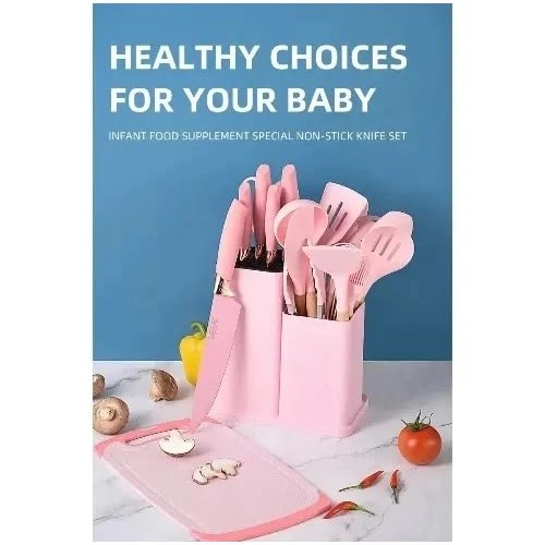 Non-stick Silicone Kitchen Utensils With Holder - Set Of 19 - Pink