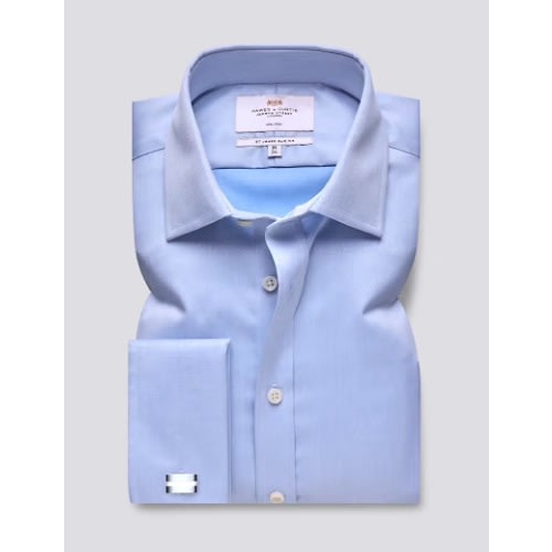 Men's Blue Fine Twill Slim Fit Double Cuff Shirt - Non Iron