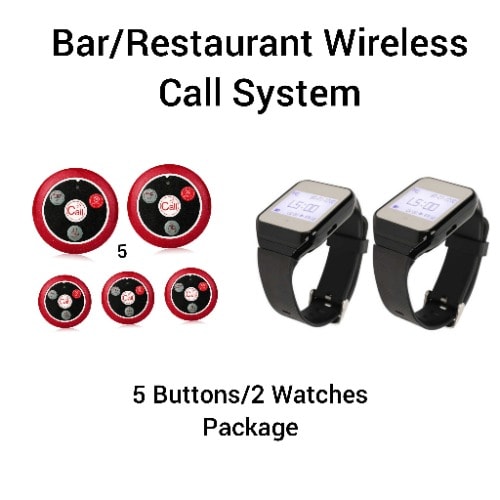 Hotel Bar & Restaurant Waiters/Customers Service Wireless Call System - 5 Buttons/2 Watches Pack