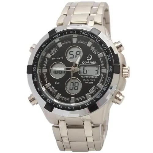 Quamer Men Digital Dual Display Wristwatch - Silver
