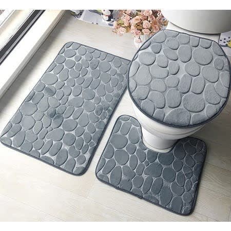 Gts 3 In 1 Toilet Floor Mat + Pedestal Rug + Toilet Lid Cover - Grey