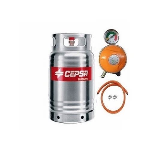 Stainless Steel Gas Cylinder With Metered Regulator - Clip And Hose - 12.5kg