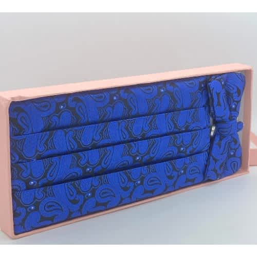 3-in-1 Pattern Men's Blue Cufflinks- Bow Tie & Cummerbund Set