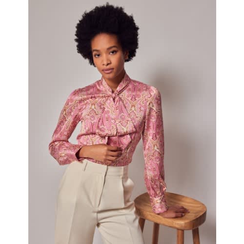 Women's Pink & Green Paisley Pussy Bow Blouse