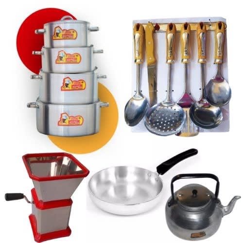 picasso Pot - 4 Pcs  - Aluminium Frypan - Cooking Spoons- Grater And Kettle