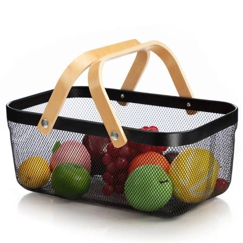 Metal Mesh Fruit Basket With Double Wooden Handle For Storage And Organization