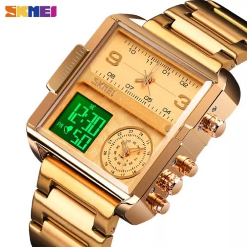 Square Shape Water Proof Men's Wrist Watch- Gold