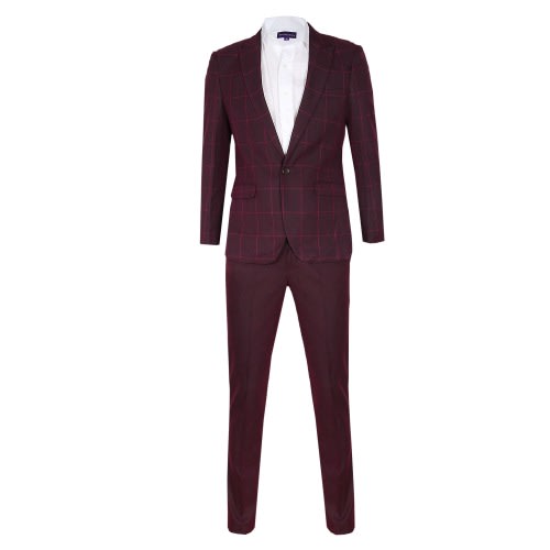 Men's Checked Detailed 2-Piece&nbsp;Pin Lapel Suit With Semi Fitted Plain Trouser - Wine - MS-4739