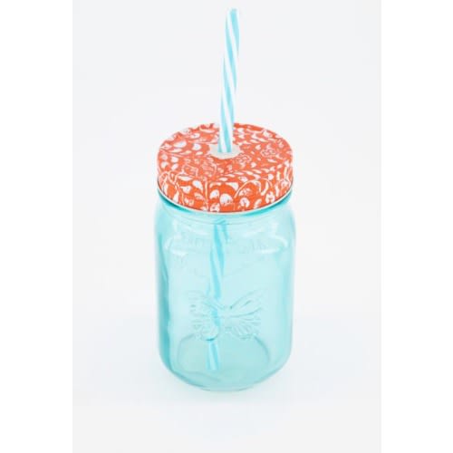 Clarion Mason Jar Set With Lid & Straw 473 Ml - Blue/red