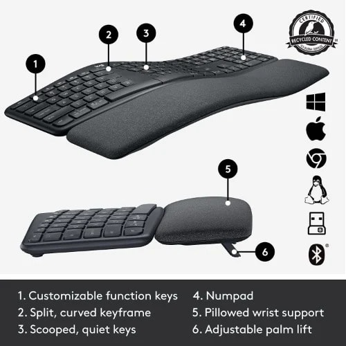 Ergo K860 Wireless Ergonomic Keyboard - Split Keyboard Layout - Wrist Rest - Natural Typing