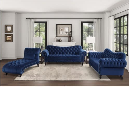 Cheslo Vantage Tuft Sofa Set With Lounge - Blue Velvet