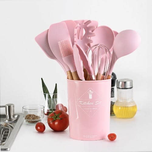 Silicon Cooking Spoon Set- Pink + Free Gift
