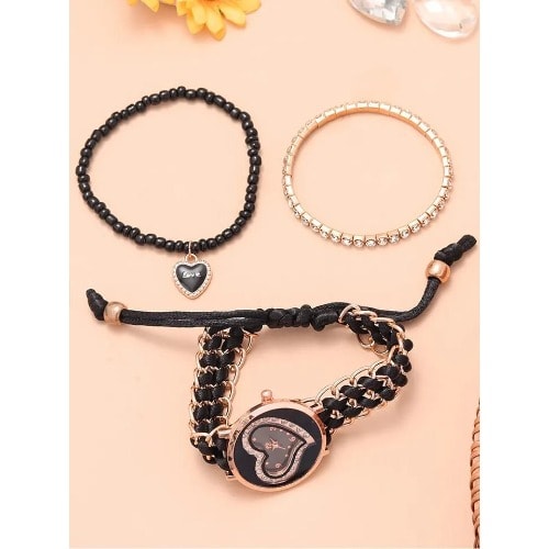 Women Love Diamond Knitted Bracelet Quart Watch - 3pcs Set