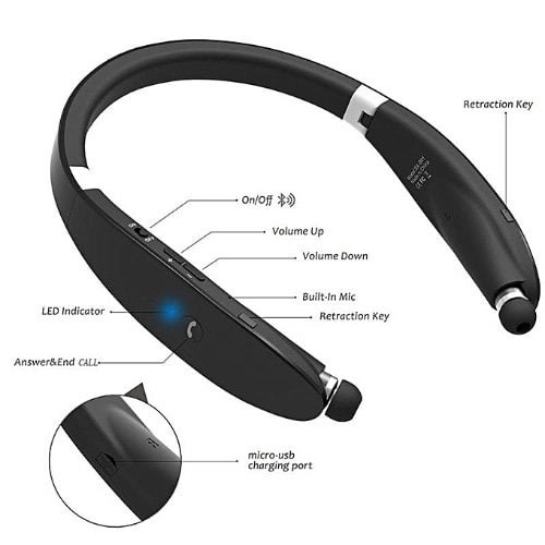 Wireless Retractable Cord Neckband Headset - Black