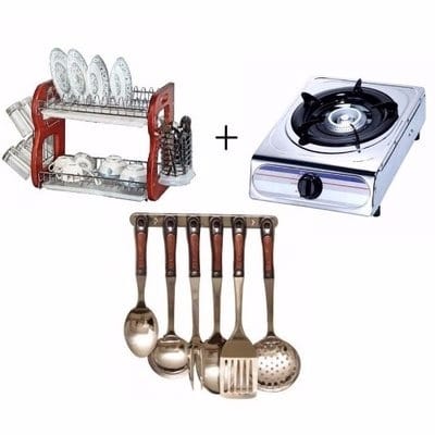 Gas Cooker, Cooking Spoon Set and Plate Rack