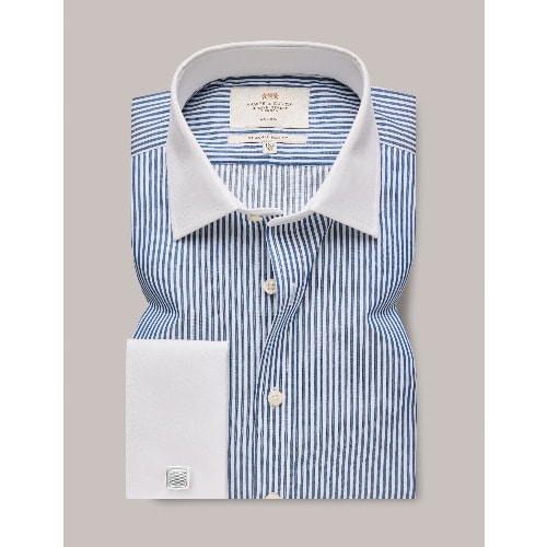 Bengal Stripe Slim Fit Shirt With White Collar - Non-iron - Navy & White