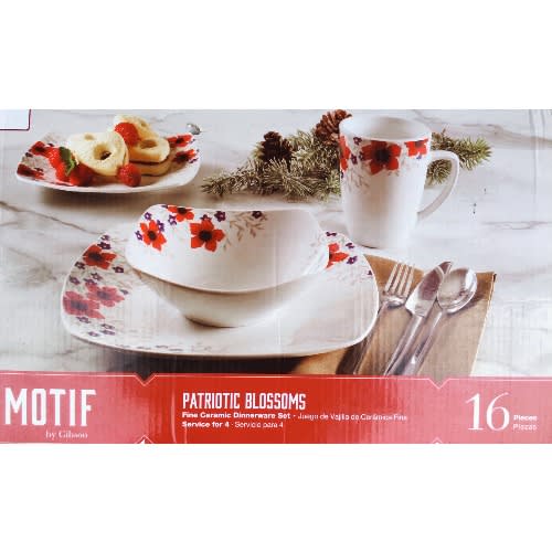 Motif ''Patriotic Blossoms'' Fine Ceramic Dinnerware Set - 16 Piece