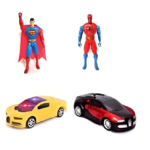 Super Man + Spider Man Figures & Red And Yellow Toy Sport Cars For Children