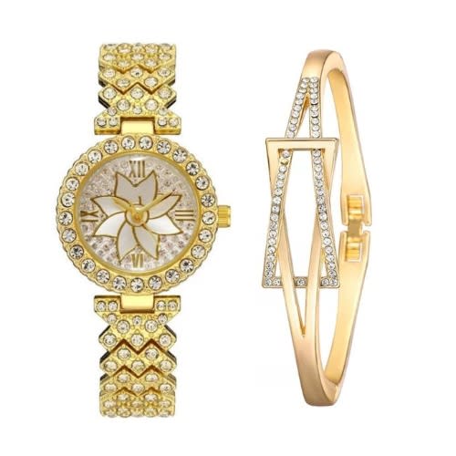 Rhinestone Women Wrist Watch And Bracelet- Gold
