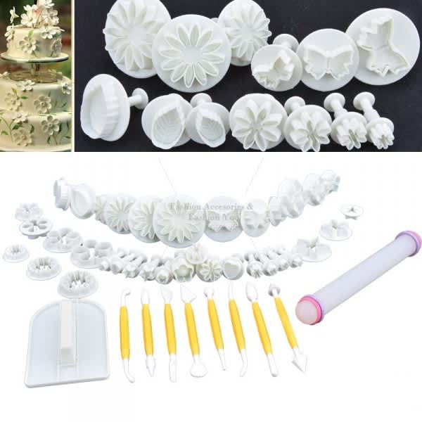 46 PCs Set Cake Cutter Ejector Stamp + Modeling + Smoother + Border Decoration Fondant Cutter