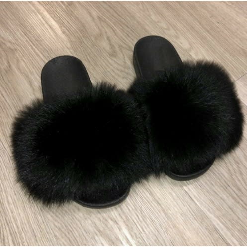 Women Fox Fur Fluffy Flat Slippers