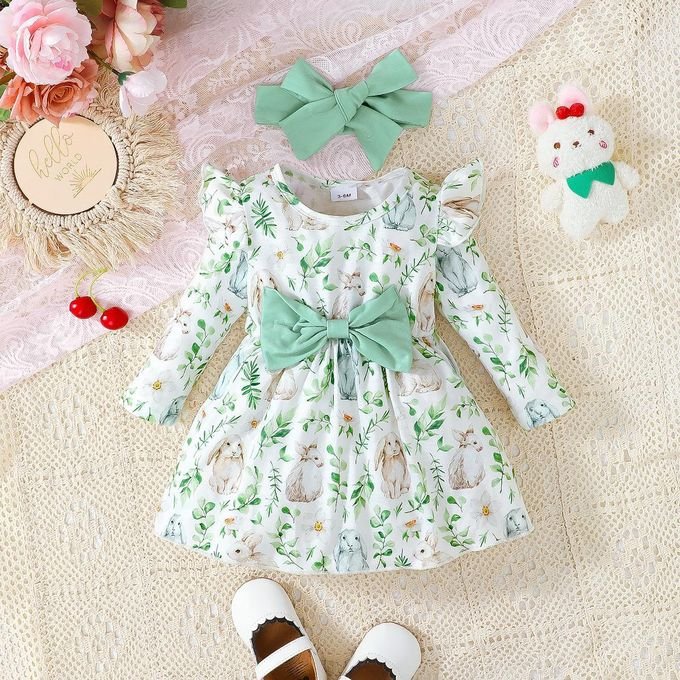 Catpapa 3-24 month baby girl summer/winter dress with hairband, flowing cuffs, and cartoon rabbit print.