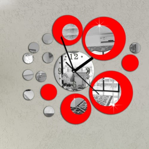 Red Silver Circle 3d Crystal Mirror Wall Clock Wall Sticker