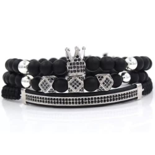 Men Beaded Bracelets  - Set Of 3 - Black With Stone Silver