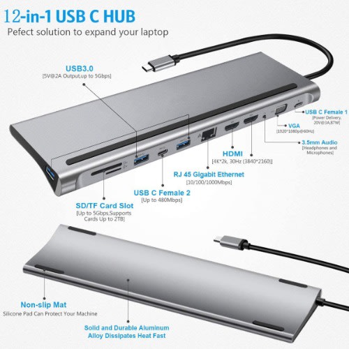 12 In 1 Usb 3.0 Type C Laptop Docking Station Pd Vga 4k Hdmi Usb Hub For Macbook