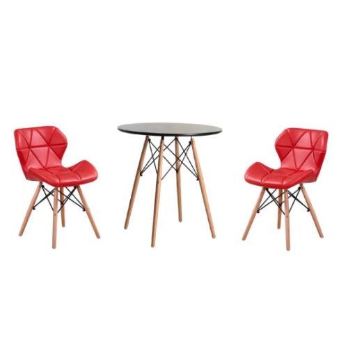 Wooden Round Dining Table With 2 Soft Padded Pu Leather Chairs - Red