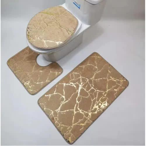 3 In 1 Marble Design Bathroom Rug Set - Brown