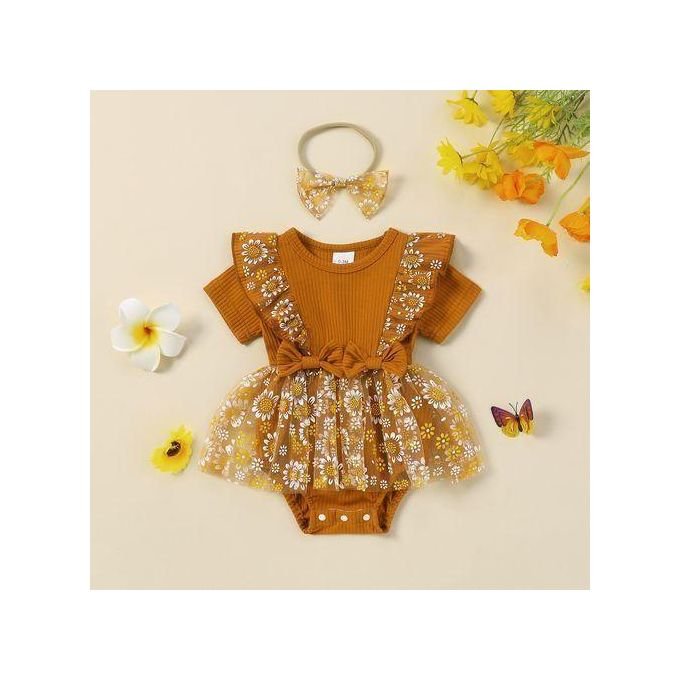 Catpapa 0-18Months Baby Girls Flower Printing Bodysuit With Headband