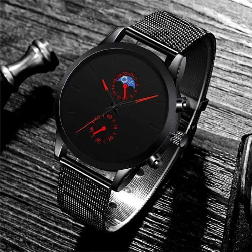 Stainless Steel Mesh Two Circle Red Face Wrist Watch - Black