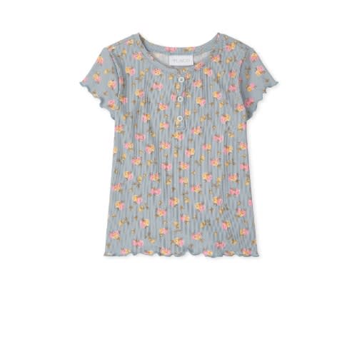 Girls Floral Ribbed Henley Top - Smoky Blue