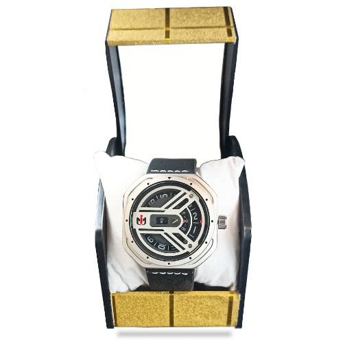 Men's Leather Silver Chrono Spin Wheel Wristwatch - Black