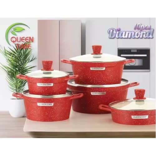 Queen Time 5 Set Die-cast Non-stick Marble Granite Cooking Pot Set - 20/24/28/32/28cm Red